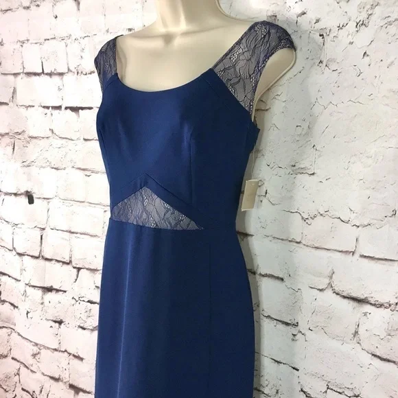 AIDAN MATTOX Lace inset cutout Navy Blue floor length gown Size 4 NEW WITH TAGS - Picture 15 of 15